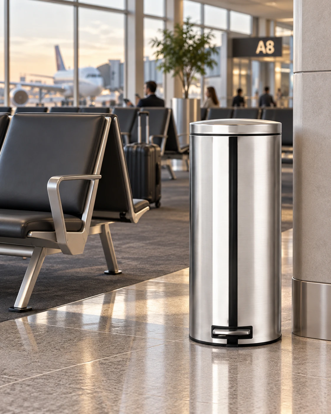 High Class Pedal Bin 30L in an airport waiting area