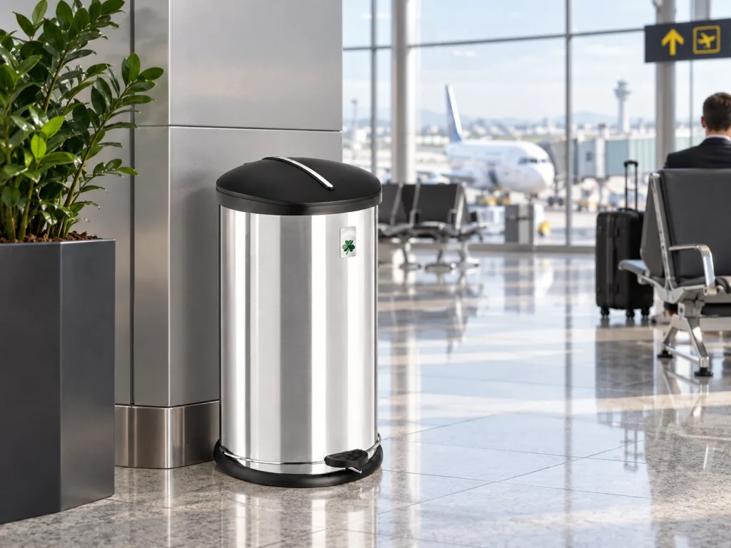 AKA Sabalan Pedal Bin 30L in an airport waiting area